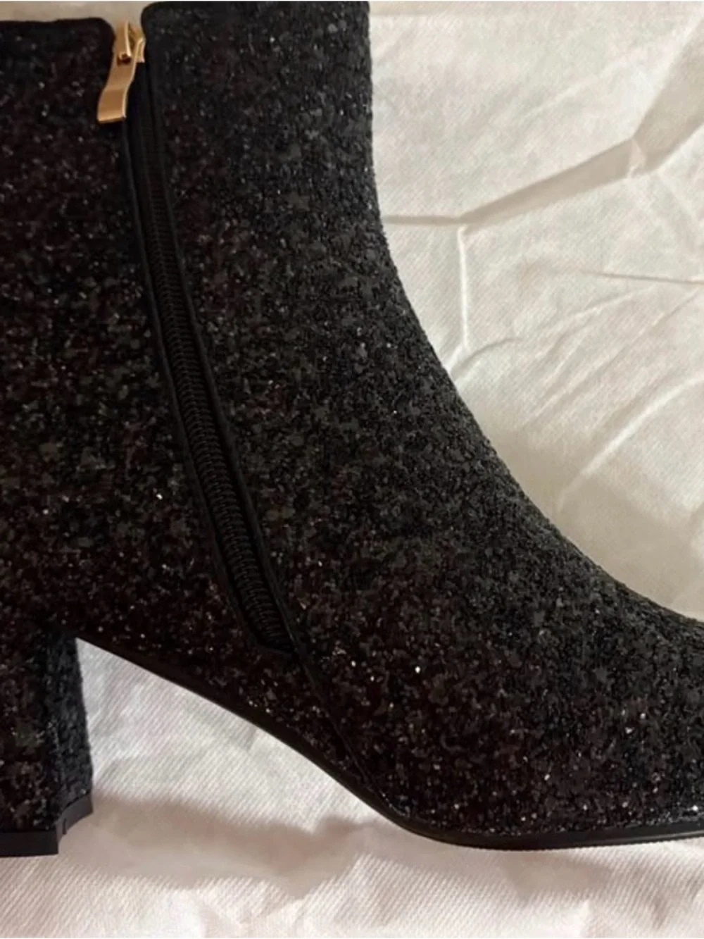 Women's Black Sparkle Block Heel Ankle Boots